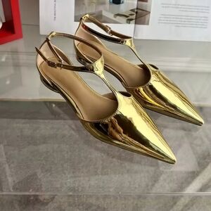 Women Gold Mirror T Strap Pointy Flat Shoes